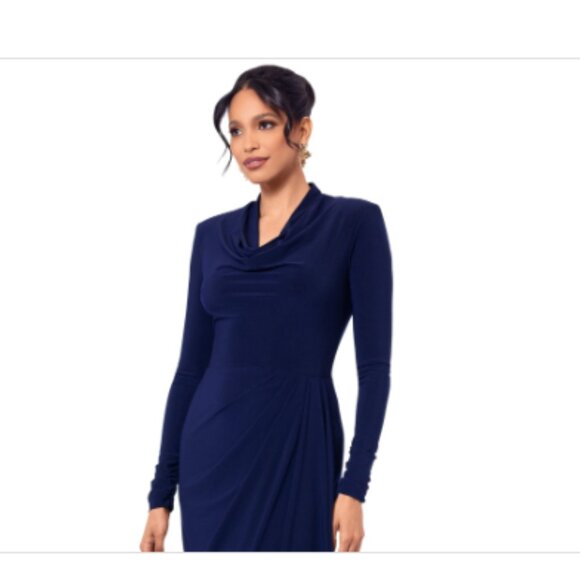 Betsy & Adam Women's Cowlneck Draped Long-Sleeve Gown - Navy - Picture 2 of 4